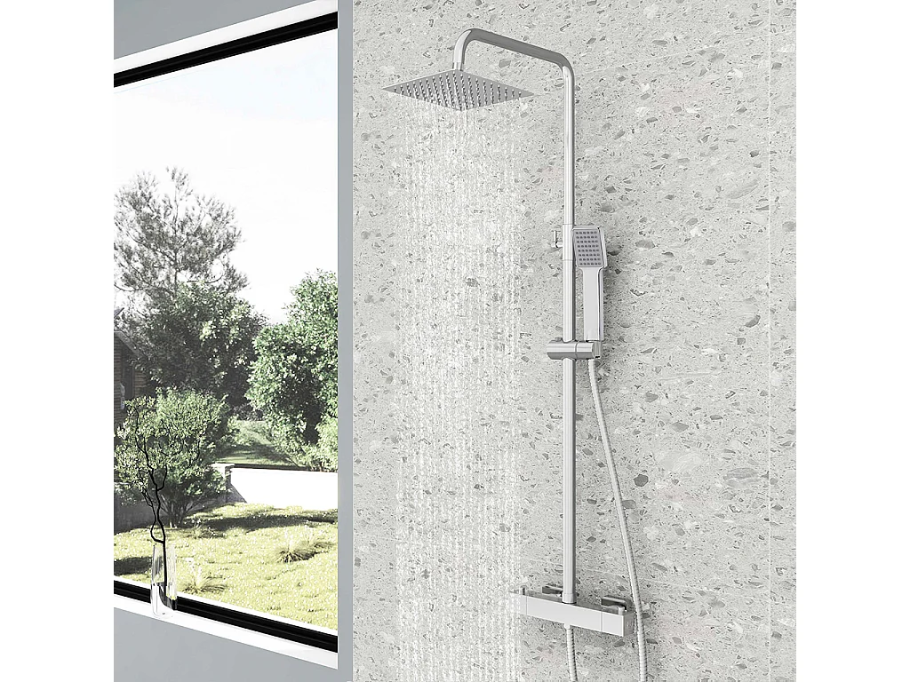 Colonne doccia termostatiche con soffione quadrato 20x20cm in acciaio inox e saliscendi doccia telescopico, cromato