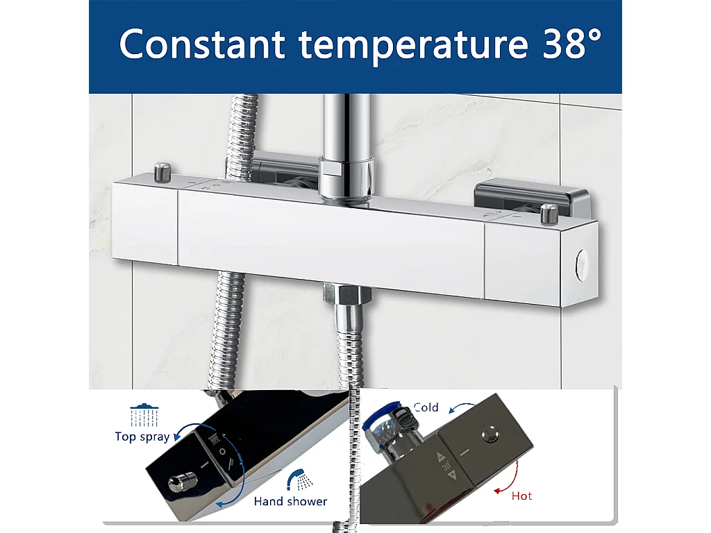 Colonne doccia termostatiche con soffione quadrato 20x20cm in acciaio inox e saliscendi doccia telescopico, cromato