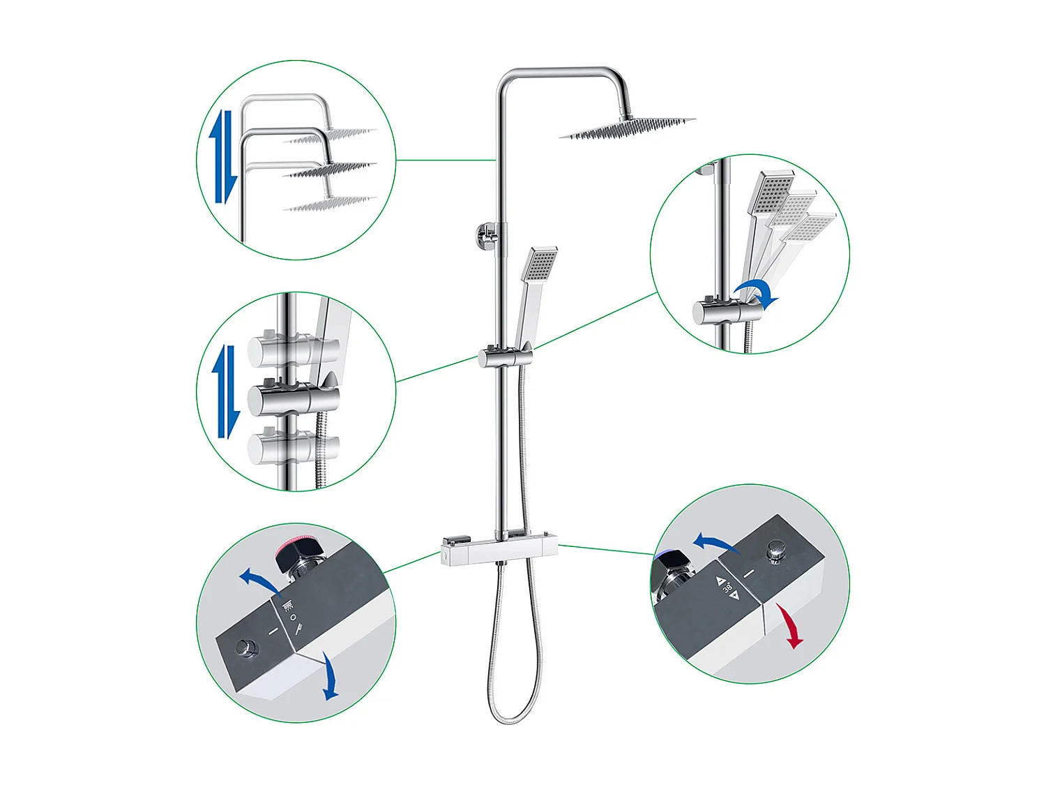 Colonne doccia termostatiche con soffione quadrato 20x20cm in acciaio inox e saliscendi doccia telescopico, cromato