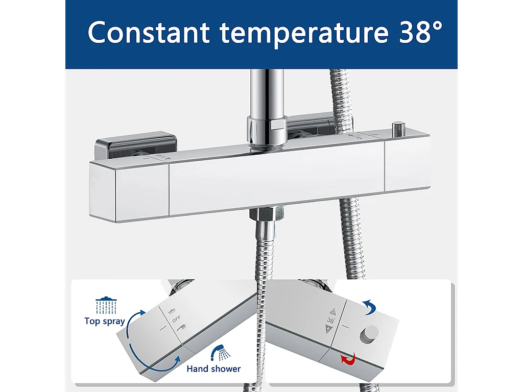 Colonne doccia termostatiche con soffione quadrato 20x20cm in acciaio inox e saliscendi doccia telescopico, cromato