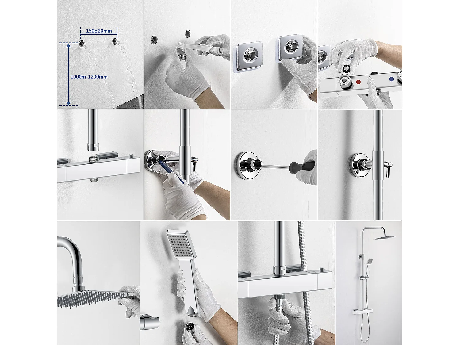 Colonne doccia termostatiche con soffione quadrato 20x20cm in acciaio inox e saliscendi doccia telescopico, cromato