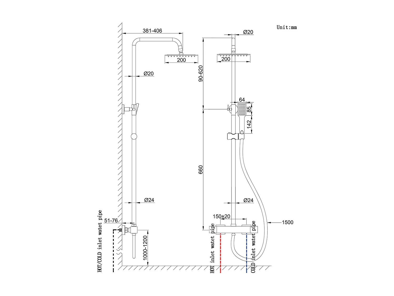 Colonne doccia termostatiche con soffione quadrato 20x20cm in acciaio inox e saliscendi doccia telescopico, cromato