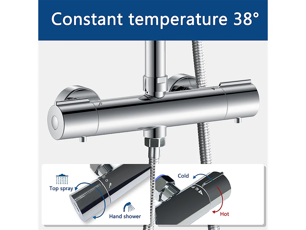 Colonne doccia termostatiche con soffione quadrato 20x20cm in acciaio inox e doccetta a 3 getti, cromato