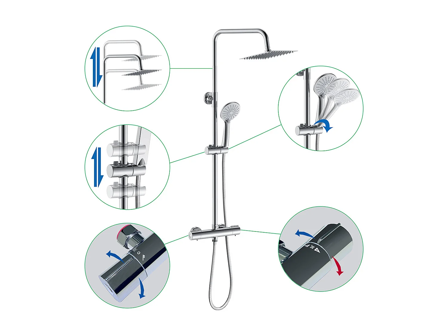 Colonne doccia termostatiche con soffione quadrato 20x20cm in acciaio inox e doccetta a 3 getti, cromato
