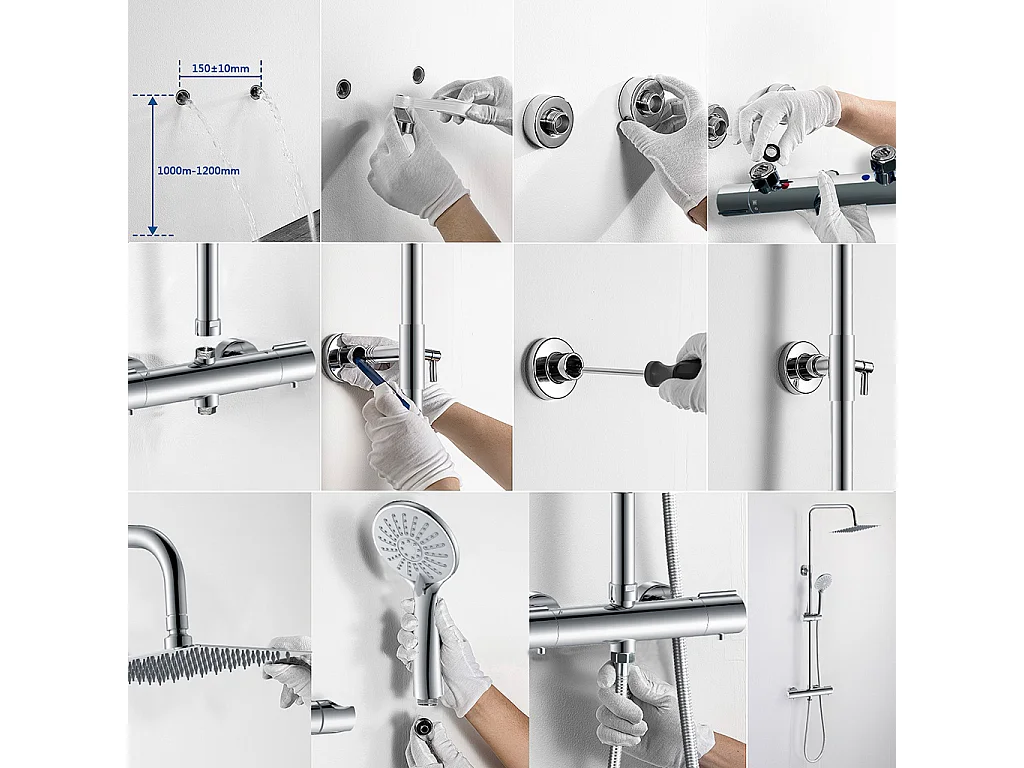 Colonne doccia termostatiche con soffione quadrato 20x20cm in acciaio inox e doccetta a 3 getti, cromato