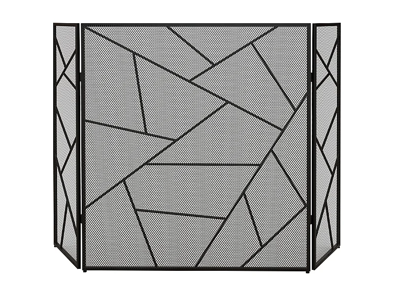 Pare-feu cheminée poêle design graphique - 3 volets pliables - dim. 135L x 1,2l x 85H cm - acier métal noir