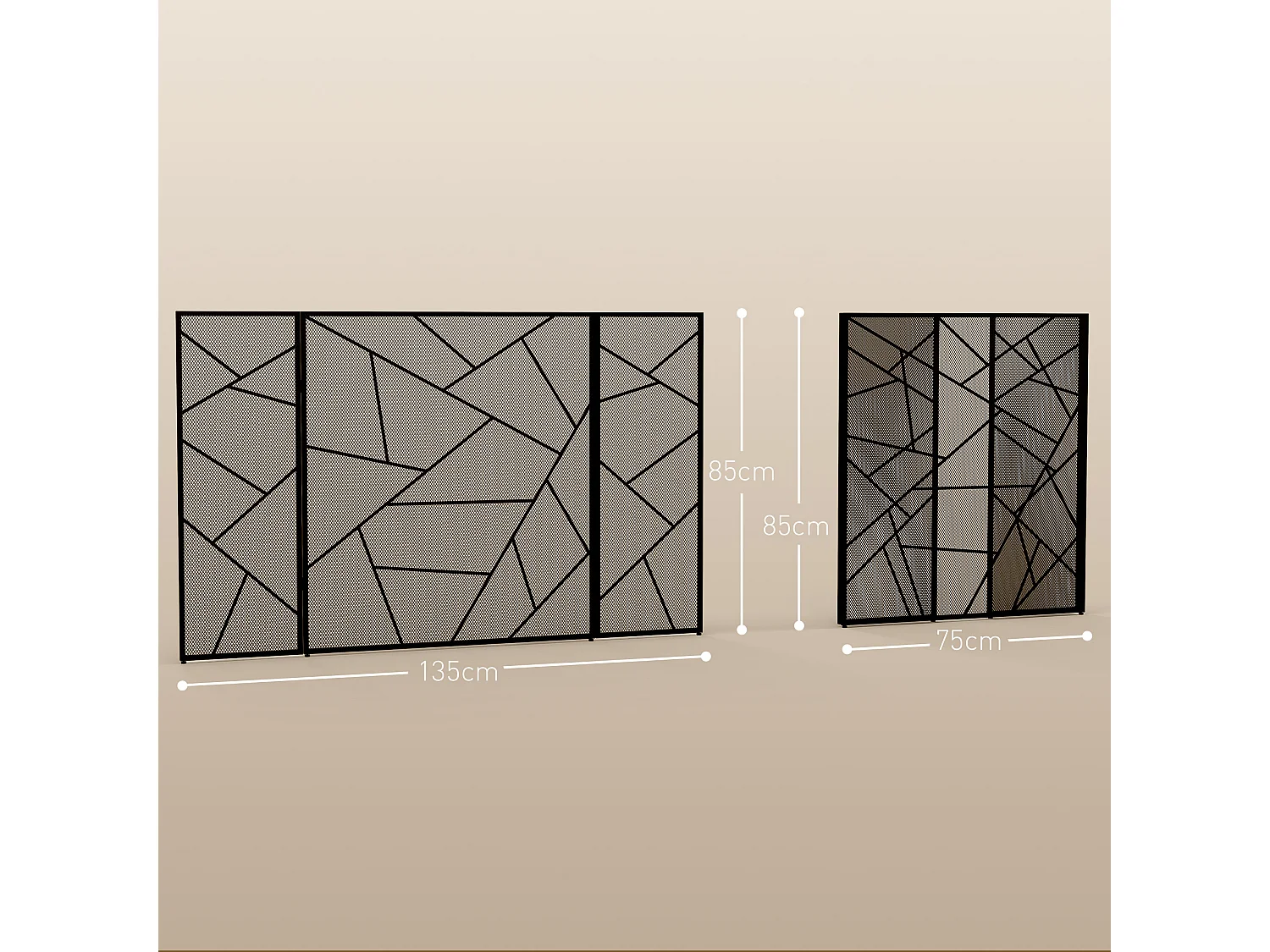 Pare-feu cheminée poêle design graphique - 3 volets pliables - dim. 135L x 1,2l x 85H cm - acier métal noir