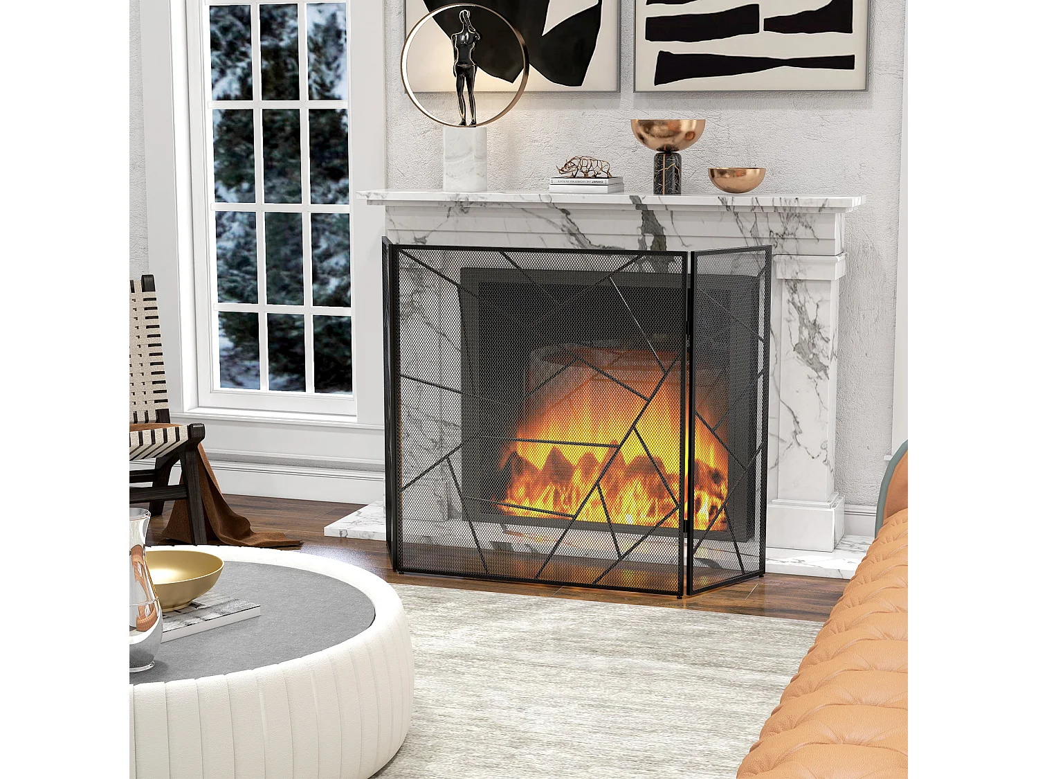 Pare-feu cheminée poêle design graphique - 3 volets pliables - dim. 135L x 1,2l x 85H cm - acier métal noir