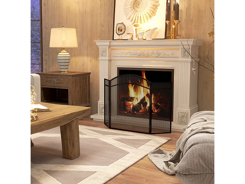 Pare-feu cheminée pliable 3 panneaux métal maille losange noir