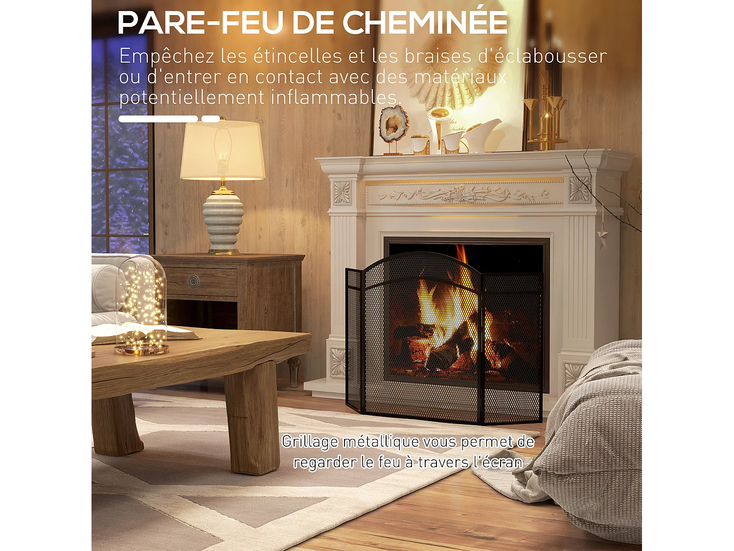 Pare-feu cheminée pliable 3 panneaux métal maille losange noir