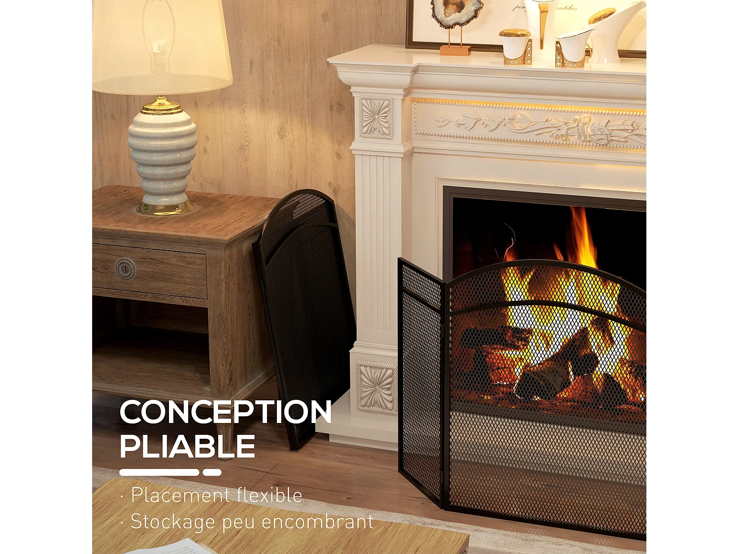 Pare-feu cheminée pliable 3 panneaux métal maille losange noir