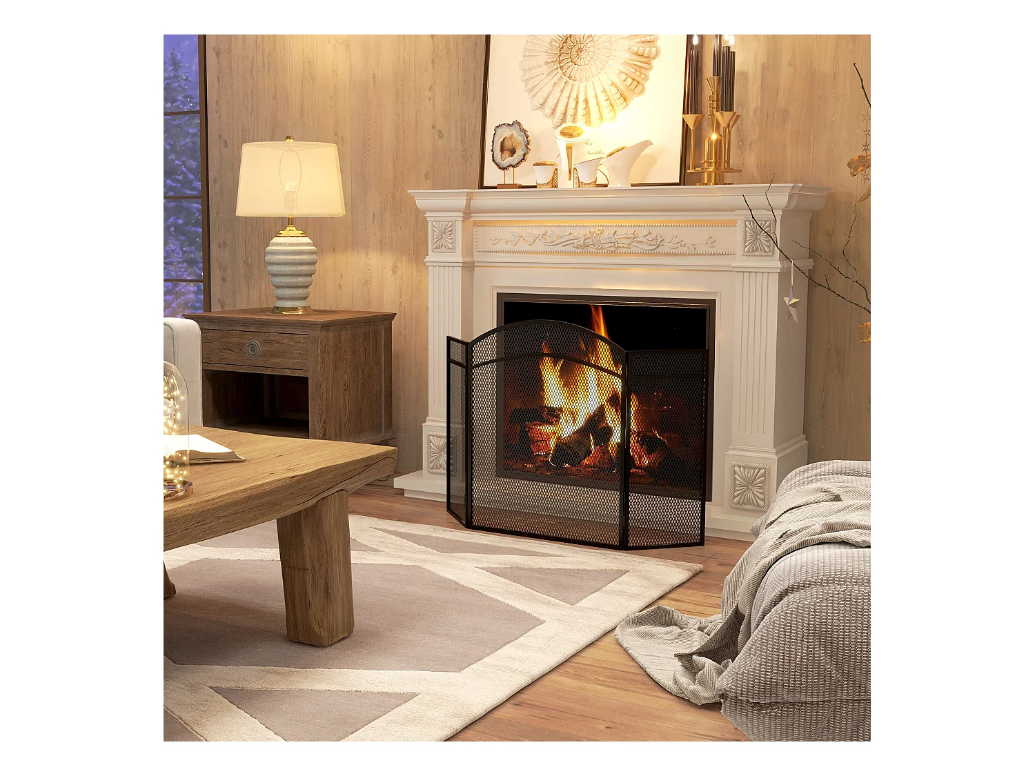 Pare-feu cheminée pliable 3 panneaux métal maille losange noir