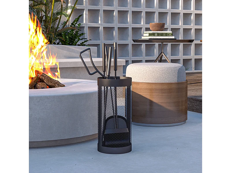 Serviteur de cheminée moderne 5 pièces - balai, pelle, pince, tisonnier, seau - métal noir