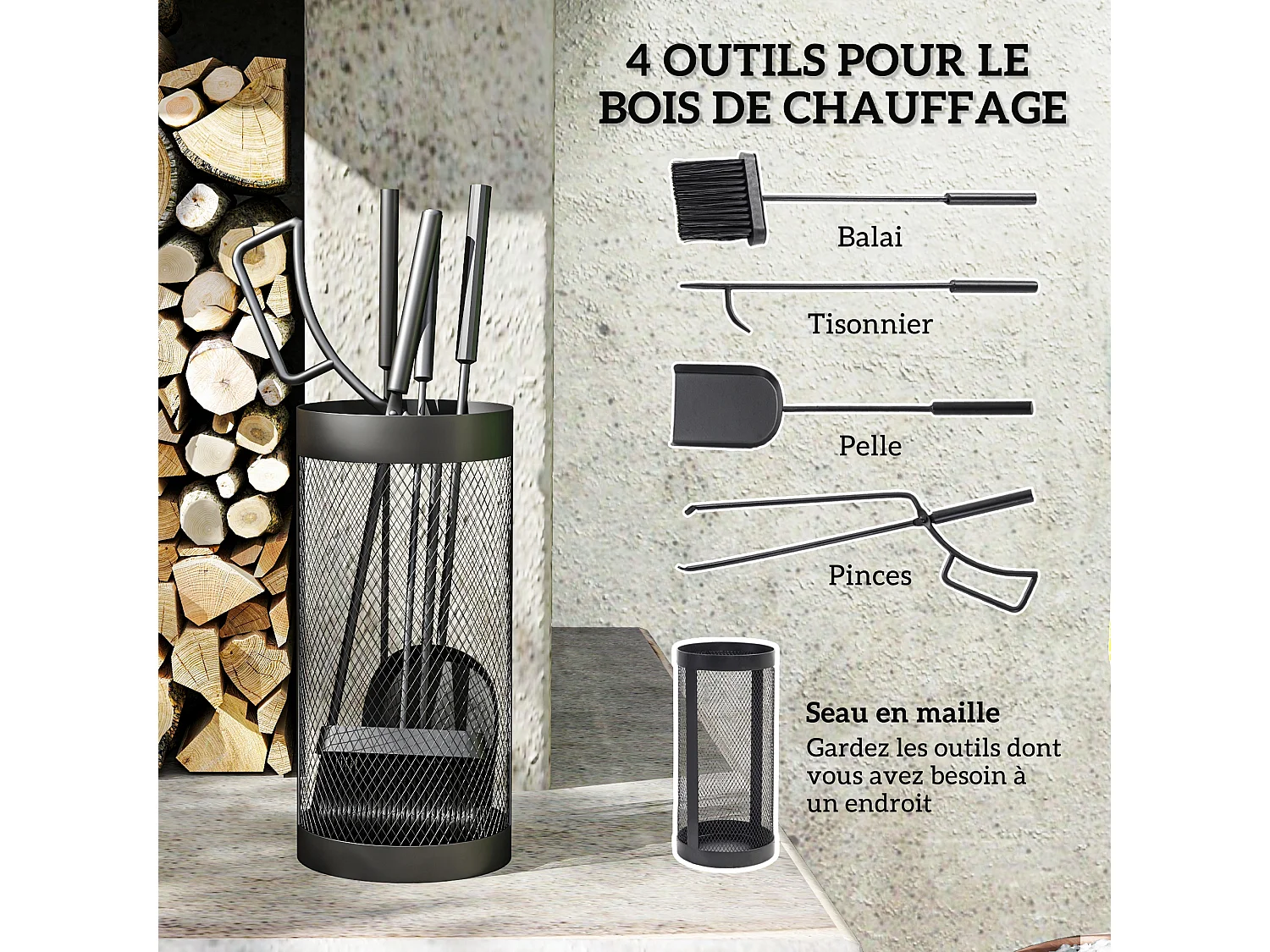 Serviteur de cheminée moderne 5 pièces - balai, pelle, pince, tisonnier, seau - métal noir