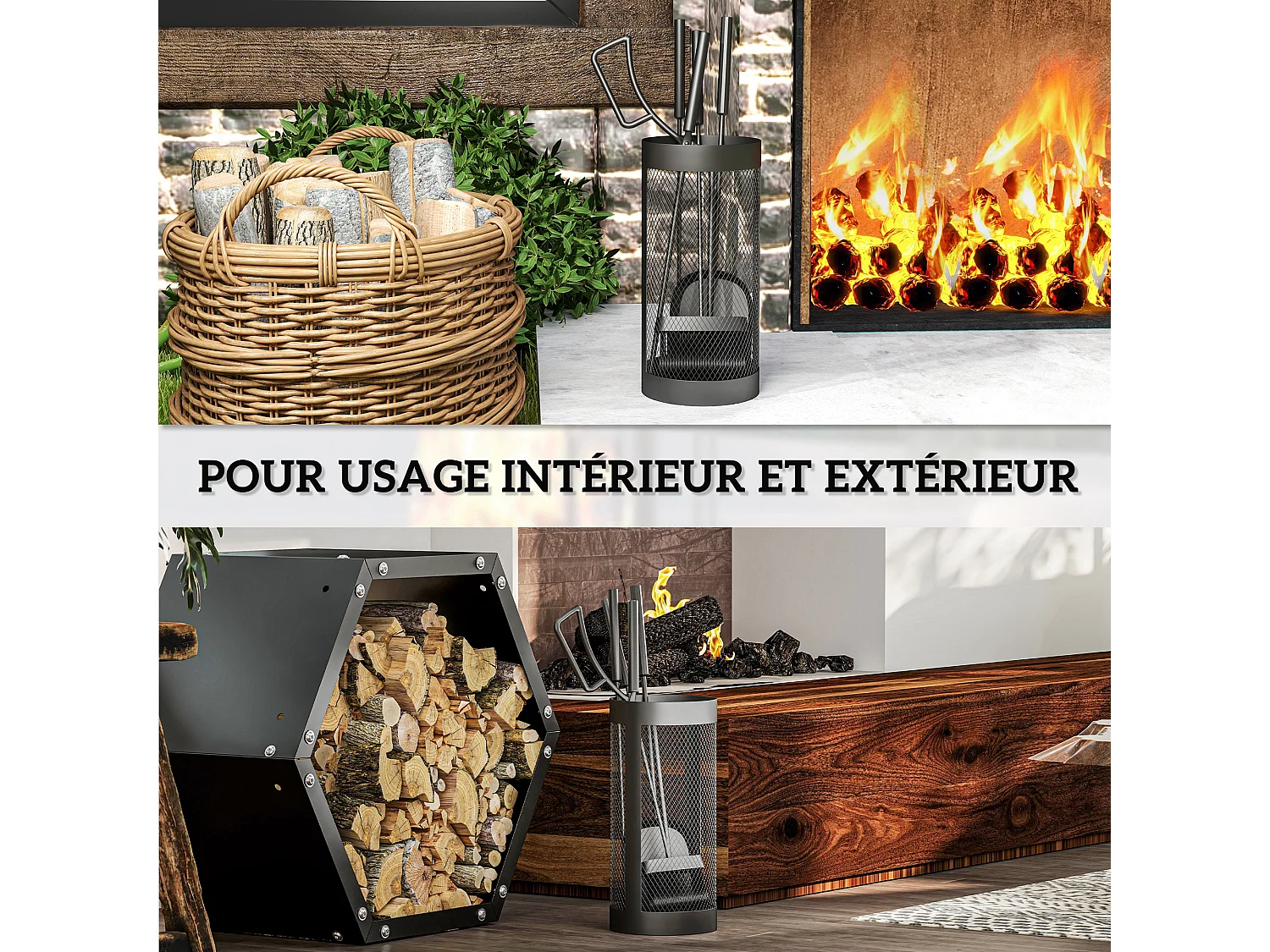 Serviteur de cheminée moderne 5 pièces - balai, pelle, pince, tisonnier, seau - métal noir