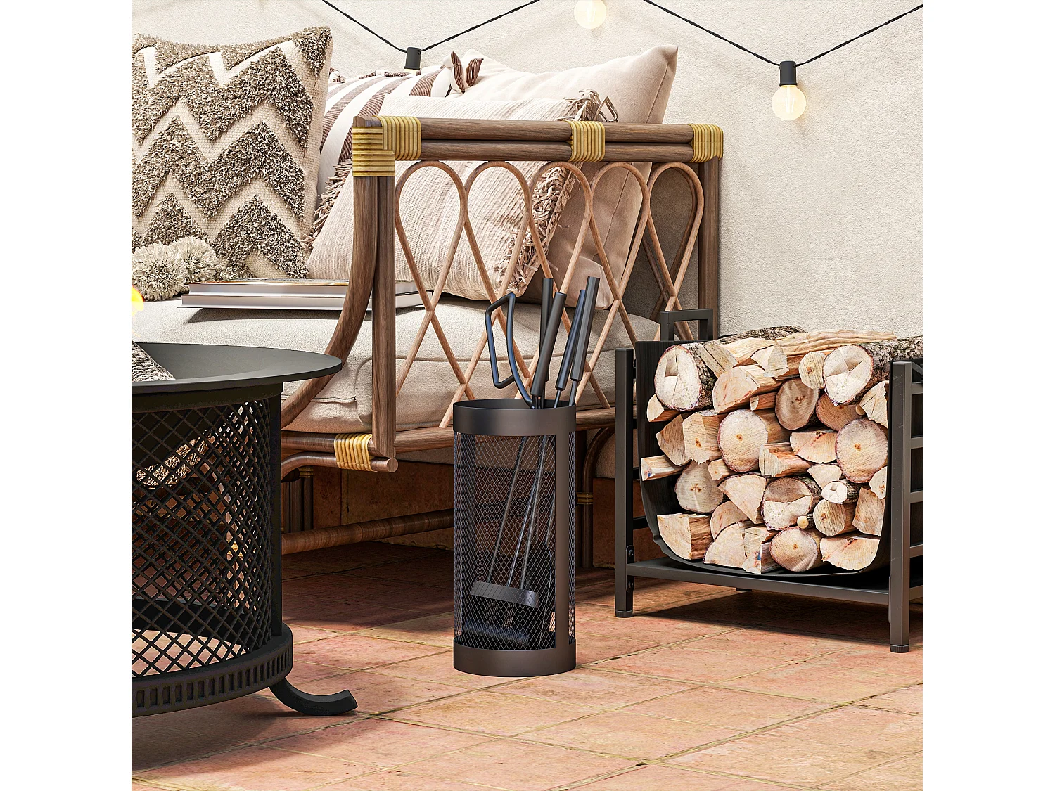 Serviteur de cheminée moderne 5 pièces - balai, pelle, pince, tisonnier, seau - métal noir