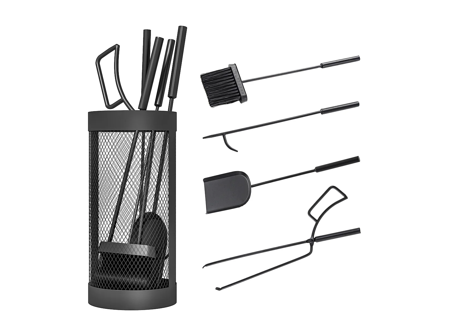Serviteur de cheminée moderne 5 pièces - balai, pelle, pince, tisonnier, seau - métal noir