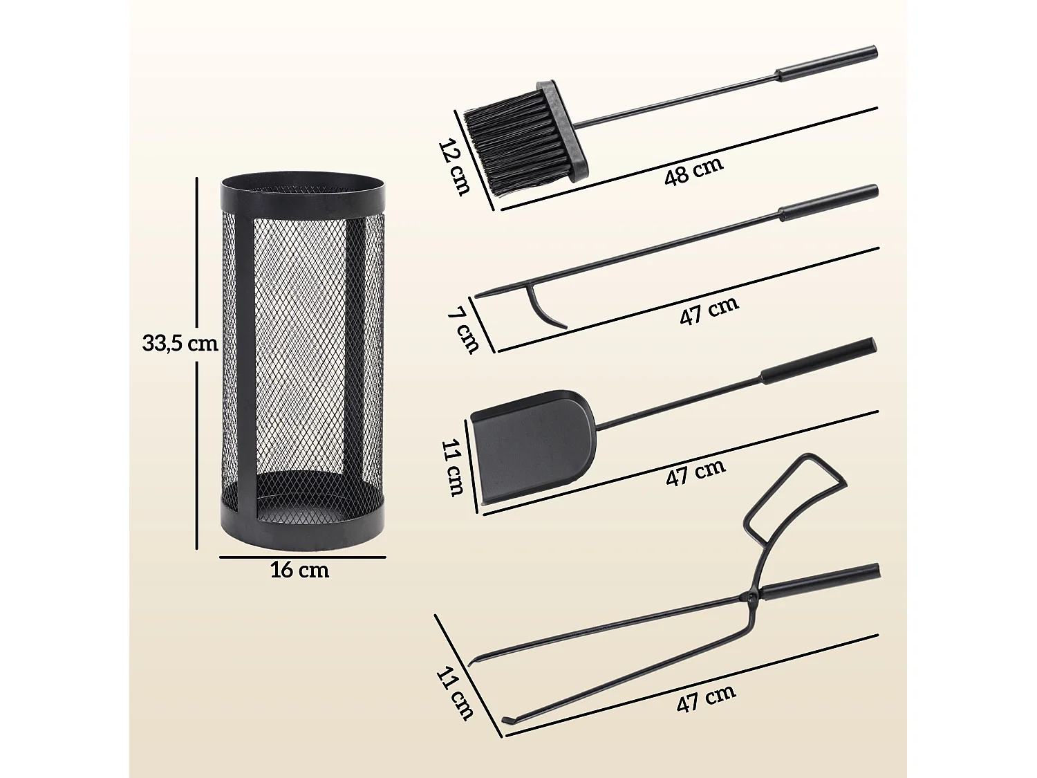 Serviteur de cheminée moderne 5 pièces - balai, pelle, pince, tisonnier, seau - métal noir