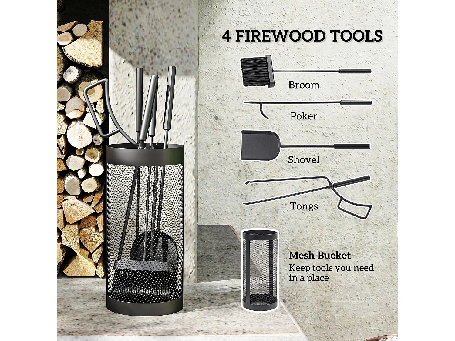 Serviteur de cheminée moderne 5 pièces - balai, pelle, pince, tisonnier, seau - métal noir
