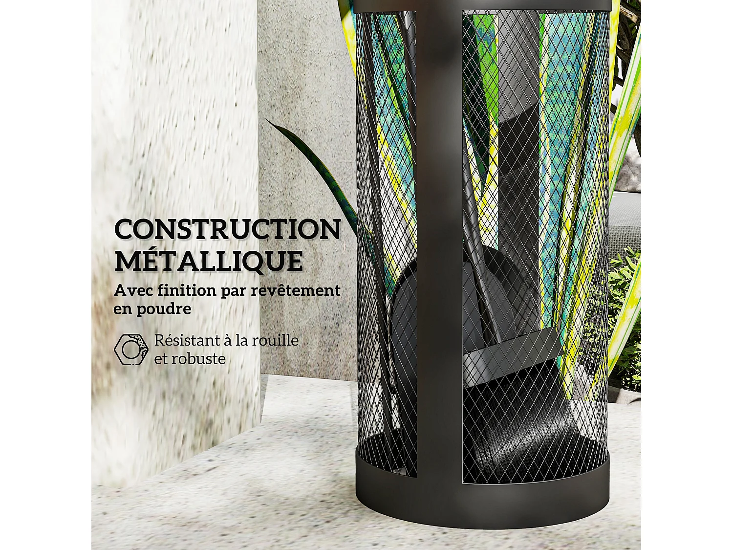 Serviteur de cheminée moderne 5 pièces - balai, pelle, pince, tisonnier, seau - métal noir