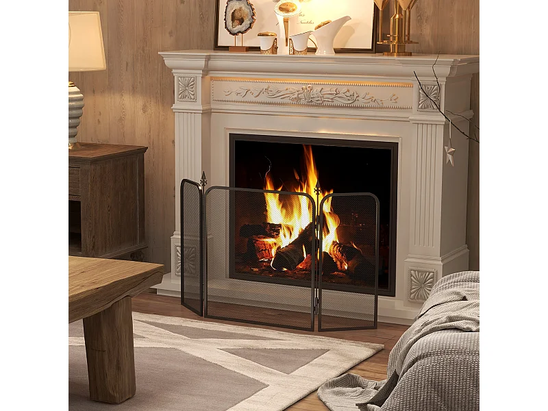 Pare-feu cheminée pliable 3 panneaux style médiéval - pare-étincelles 2 flèches métal maille noir