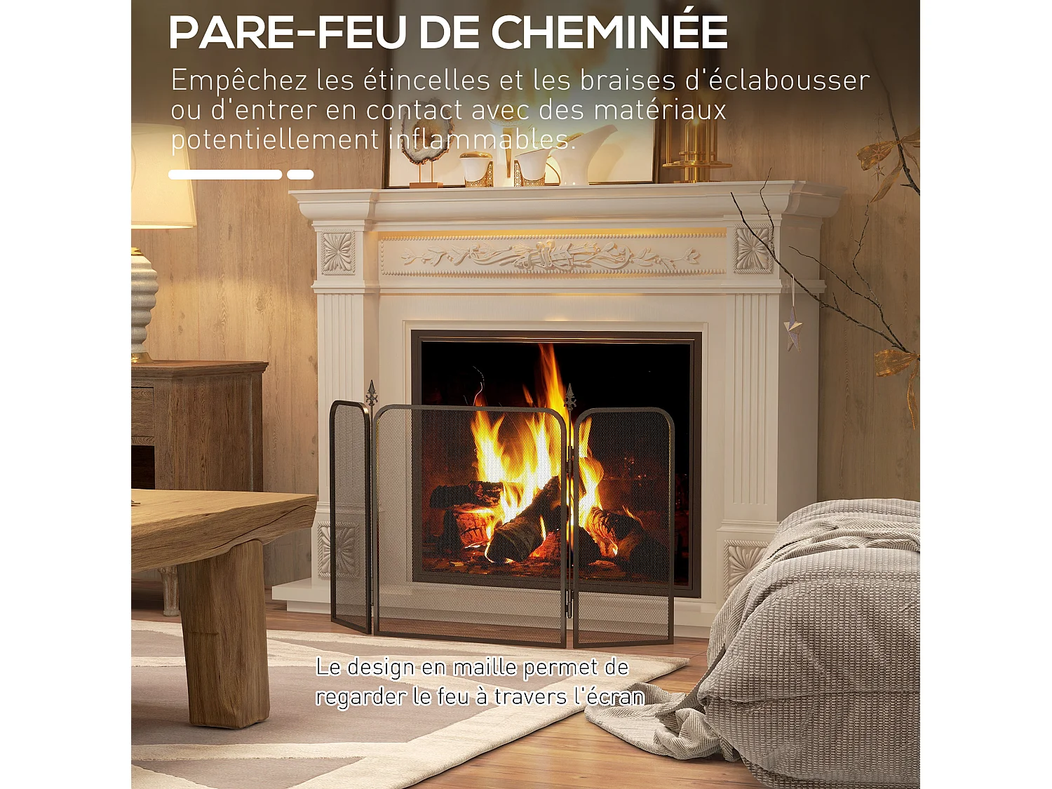 Pare-feu cheminée pliable 3 panneaux style médiéval - pare-étincelles 2 flèches métal maille noir