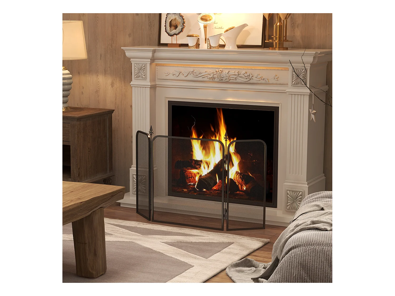 Pare-feu cheminée pliable 3 panneaux style médiéval - pare-étincelles 2 flèches métal maille noir