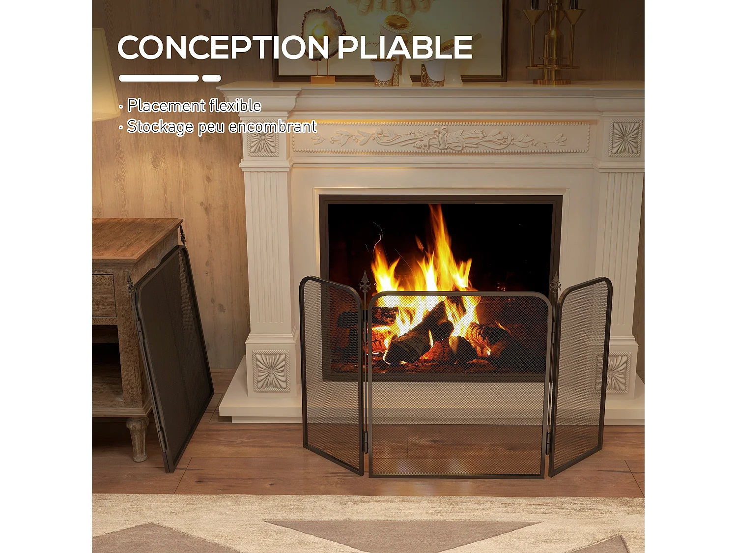Pare-feu cheminée pliable 3 panneaux style médiéval - pare-étincelles 2 flèches métal maille noir