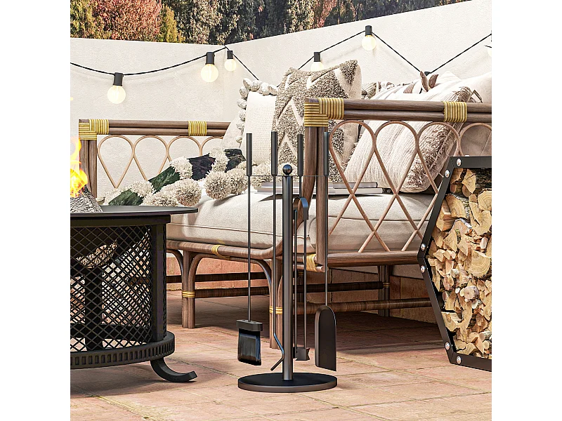 Serviteur de cheminée moderne 5 pièces - balai, pelle, pince, tisonnier, support - métal noir