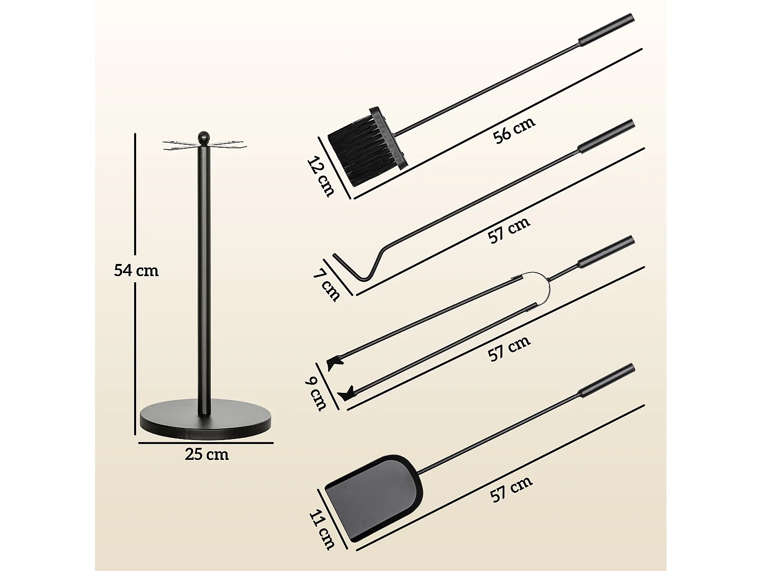 Serviteur de cheminée moderne 5 pièces - balai, pelle, pince, tisonnier, support - métal noir