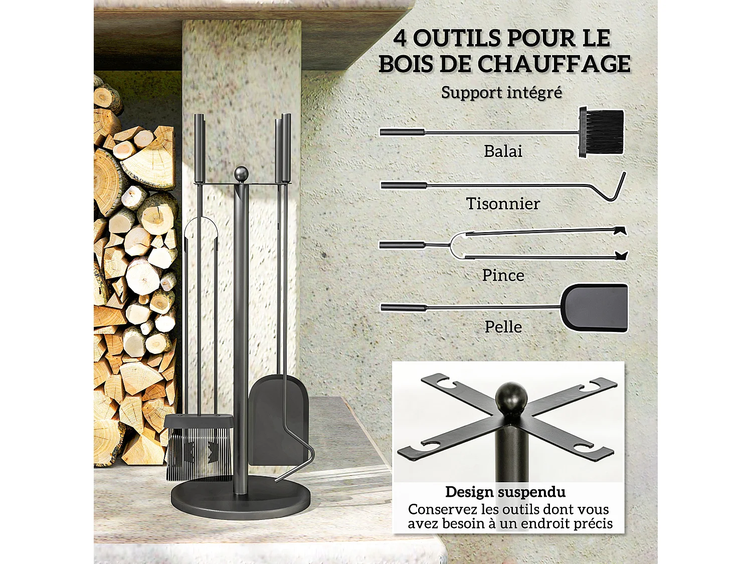 Serviteur de cheminée moderne 5 pièces - balai, pelle, pince, tisonnier, support - métal noir