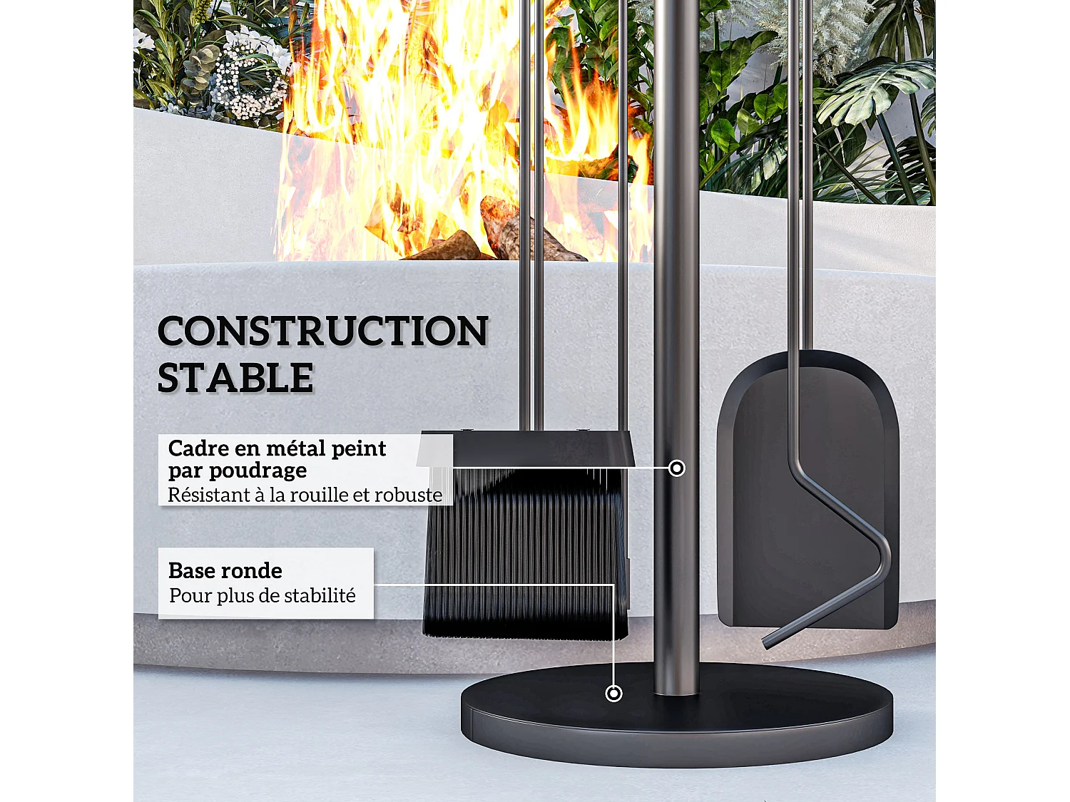 Serviteur de cheminée moderne 5 pièces - balai, pelle, pince, tisonnier, support - métal noir