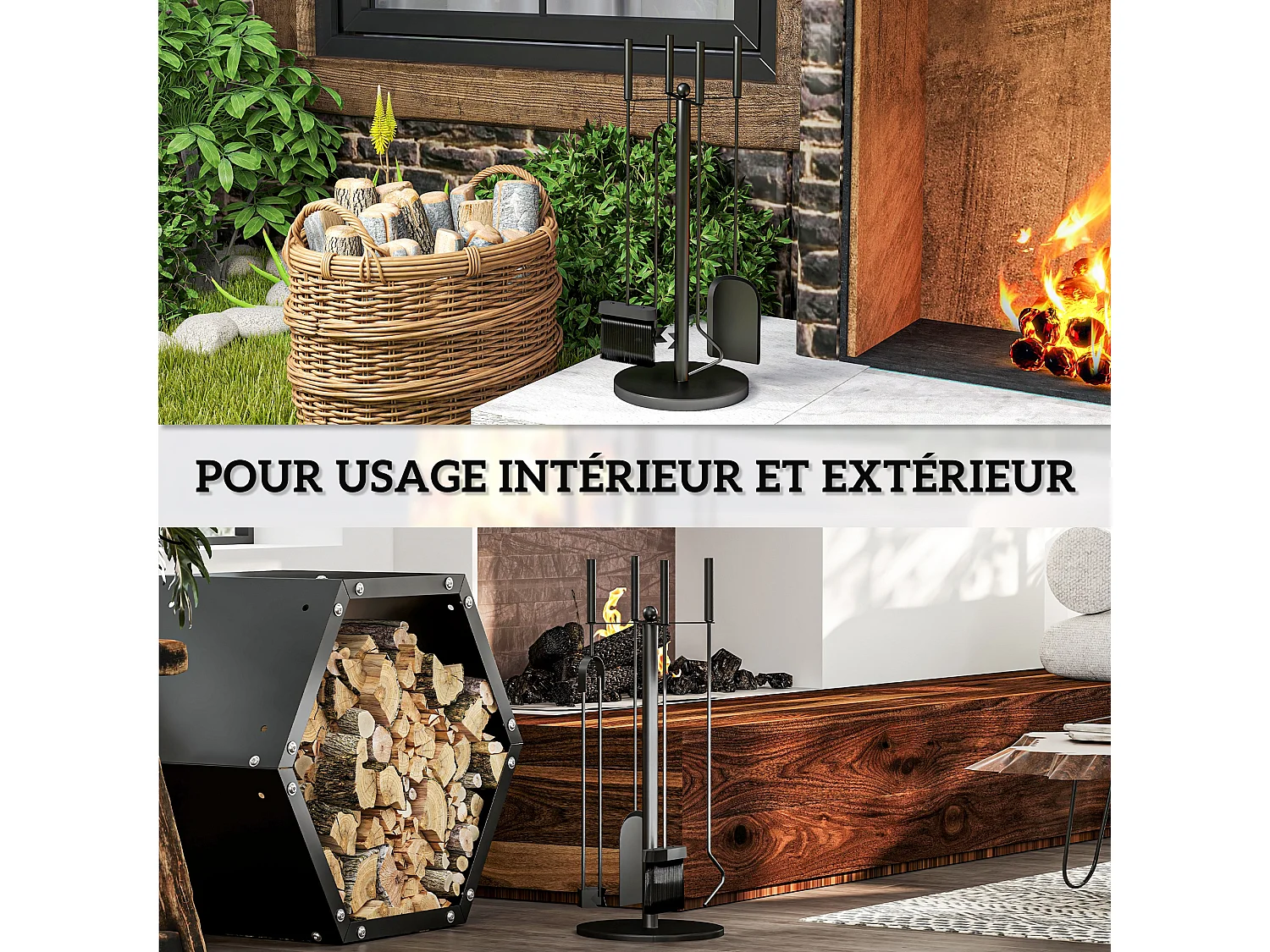 Serviteur de cheminée moderne 5 pièces - balai, pelle, pince, tisonnier, support - métal noir