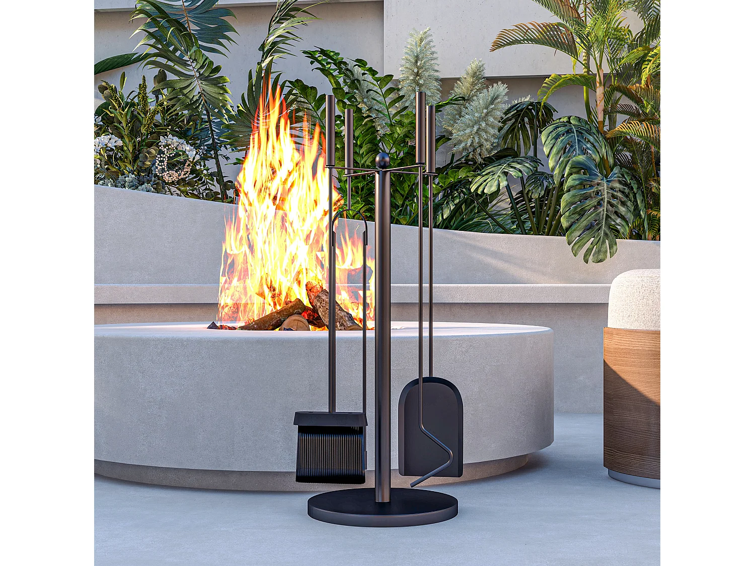 Serviteur de cheminée moderne 5 pièces - balai, pelle, pince, tisonnier, support - métal noir