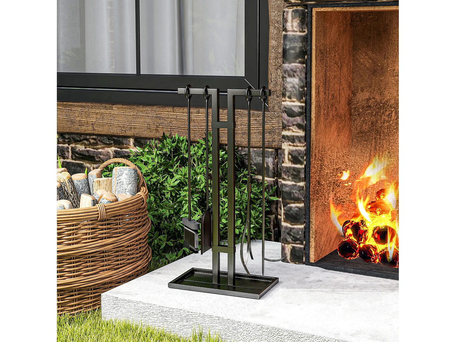 Serviteur de cheminée moderne 5 pièces - balai, pelle, pince, tisonnier, support - métal noir