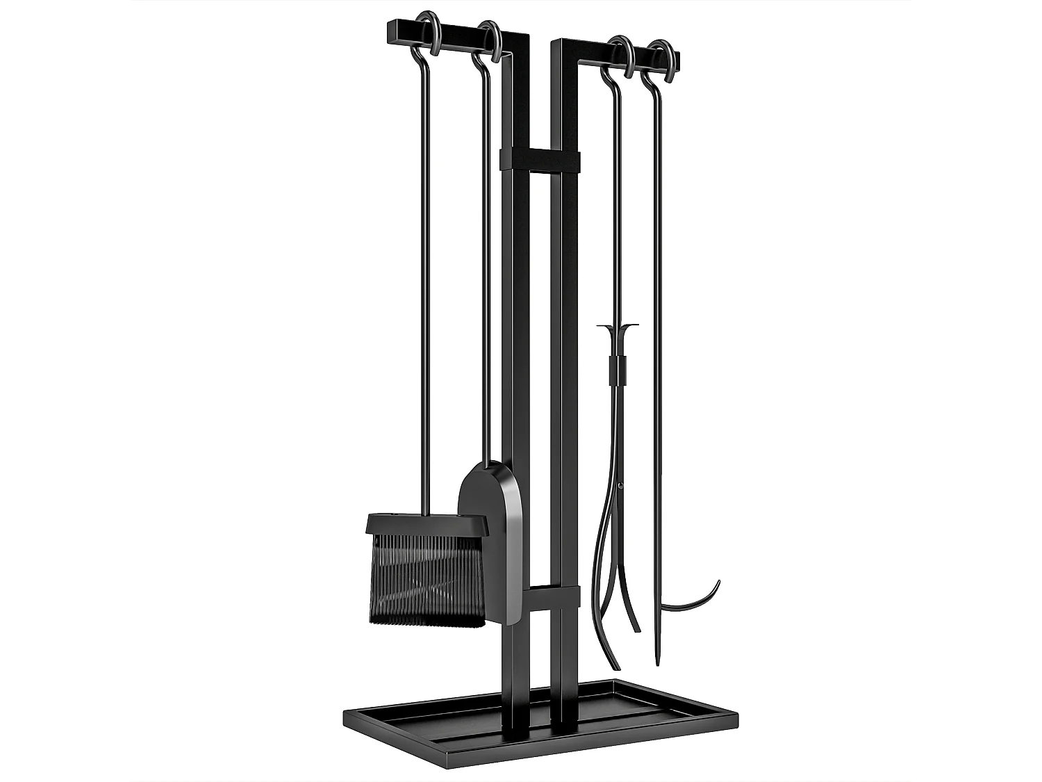 Serviteur de cheminée moderne 5 pièces - balai, pelle, pince, tisonnier, support - métal noir