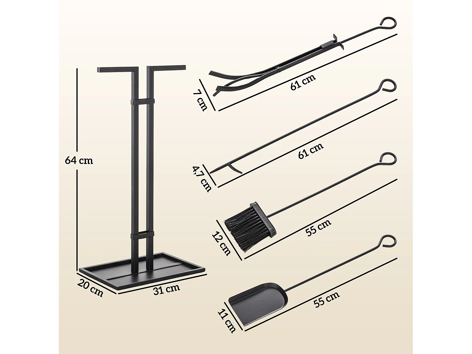Serviteur de cheminée moderne 5 pièces - balai, pelle, pince, tisonnier, support - métal noir