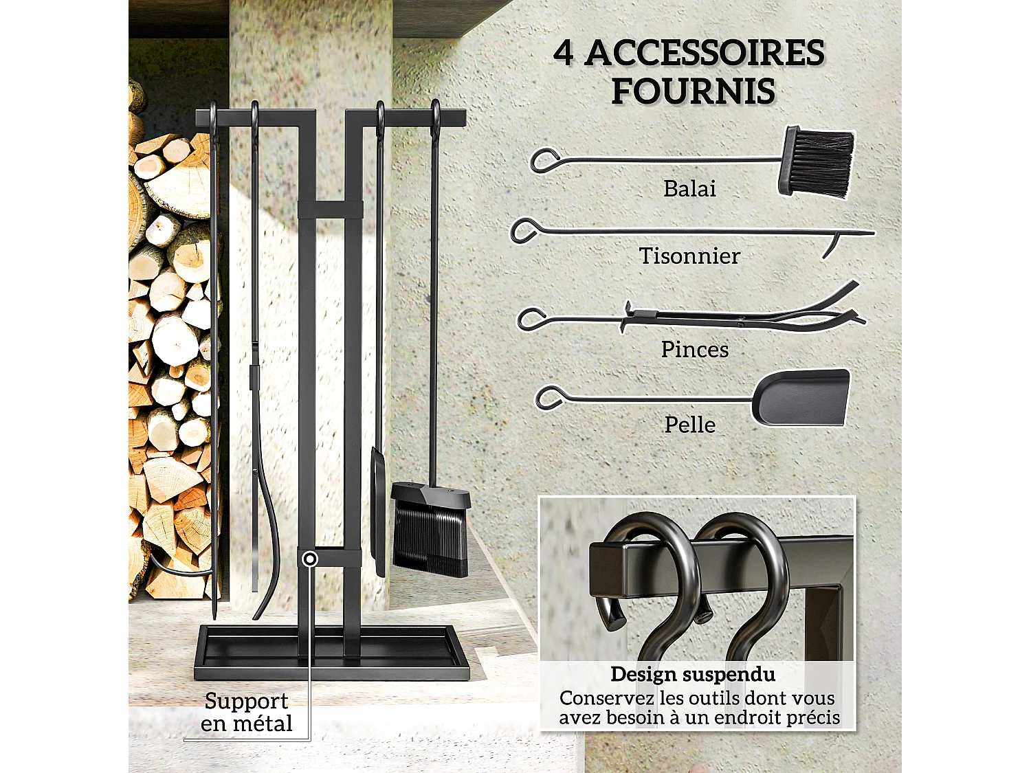 Serviteur de cheminée moderne 5 pièces - balai, pelle, pince, tisonnier, support - métal noir