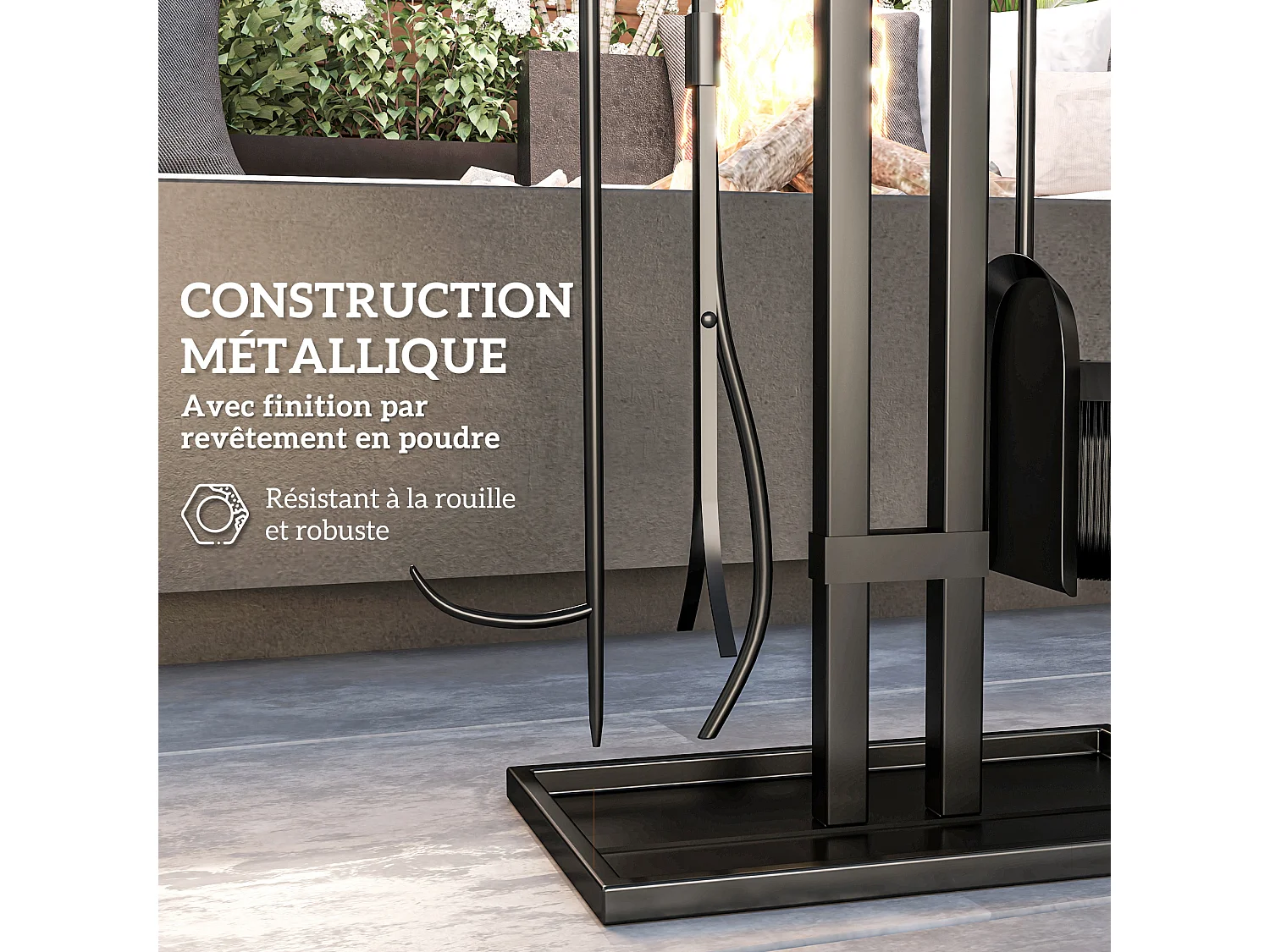 Serviteur de cheminée moderne 5 pièces - balai, pelle, pince, tisonnier, support - métal noir