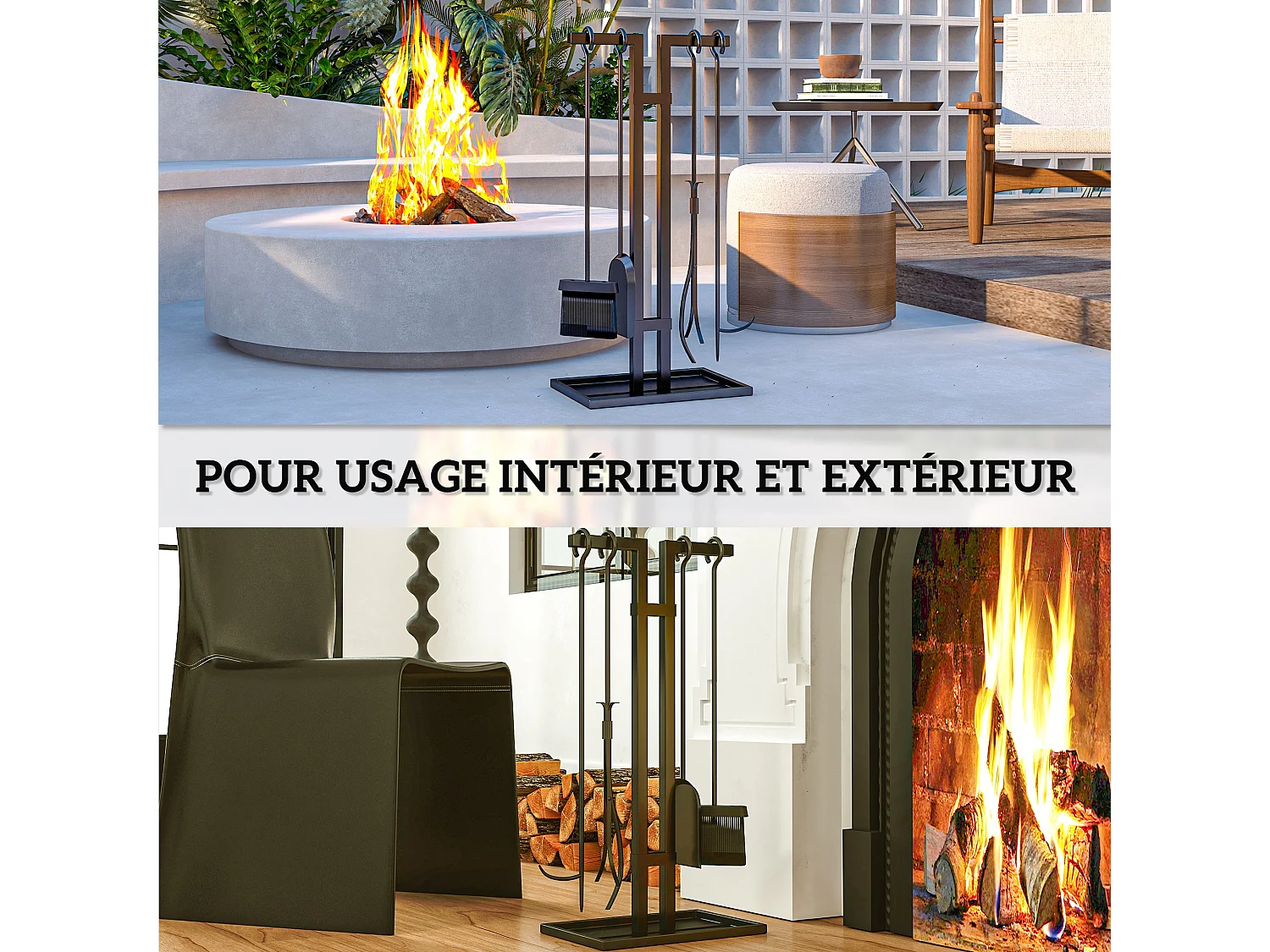 Serviteur de cheminée moderne 5 pièces - balai, pelle, pince, tisonnier, support - métal noir