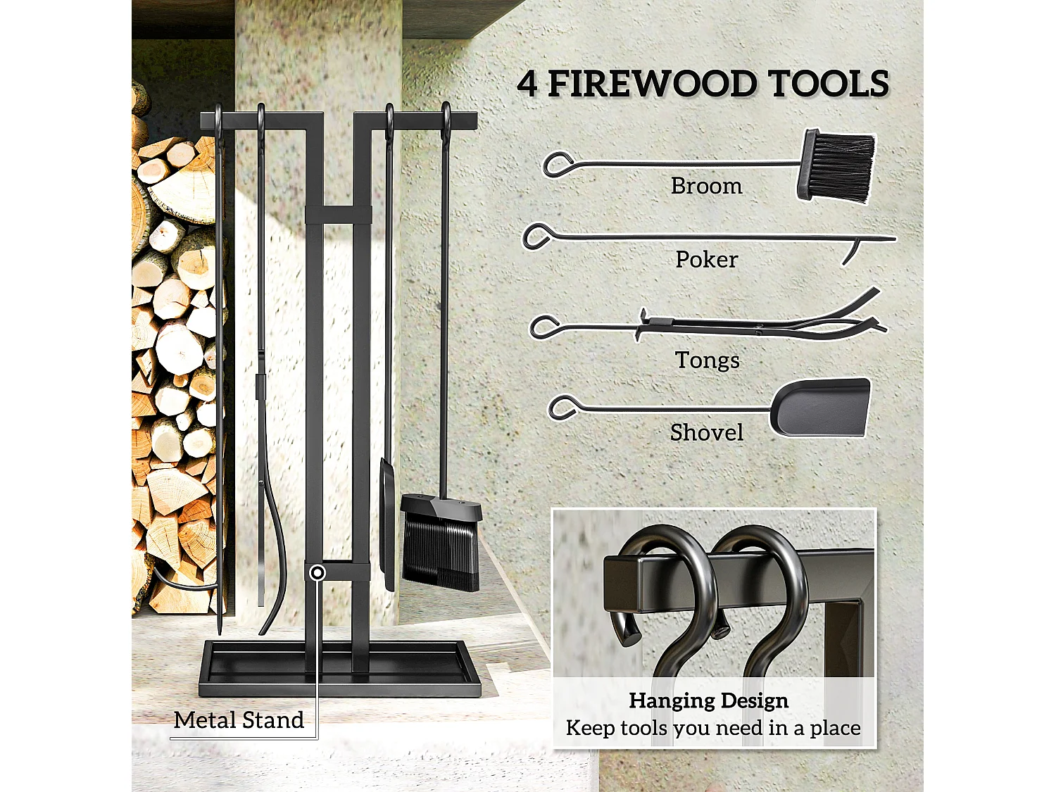 Serviteur de cheminée moderne 5 pièces - balai, pelle, pince, tisonnier, support - métal noir