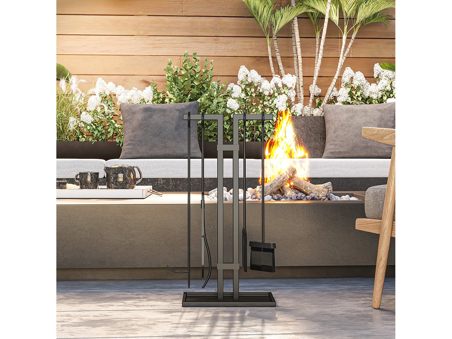 Serviteur de cheminée moderne 5 pièces - balai, pelle, pince, tisonnier, support - métal noir