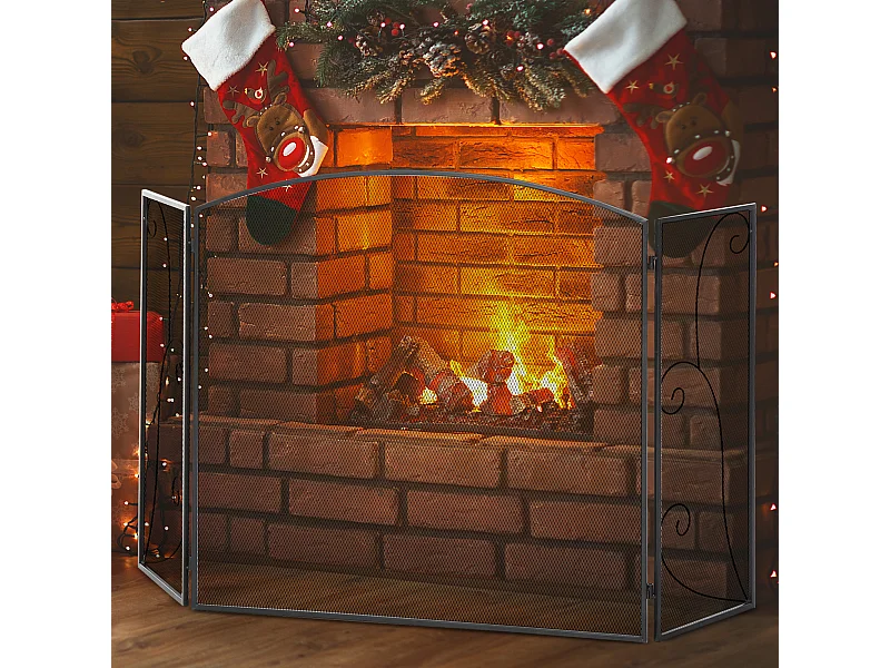 Pare-feu cheminée ou poêle - pare-étincelles 3 volets pliables acier métal noir