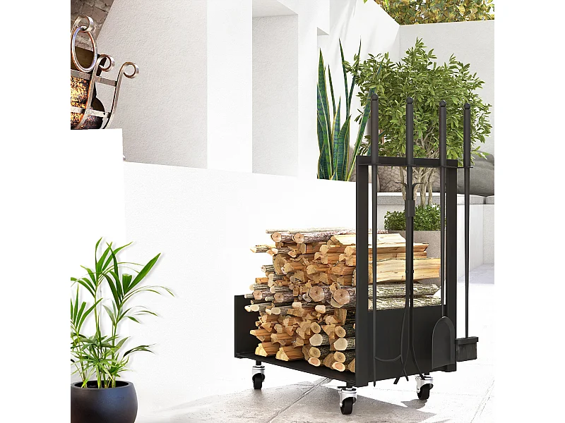 Serviteur de cheminée range-bûches chariot 3 en 1 - pelle, balai, tisonnier, pince - charge max. 60 Kg - métal noir