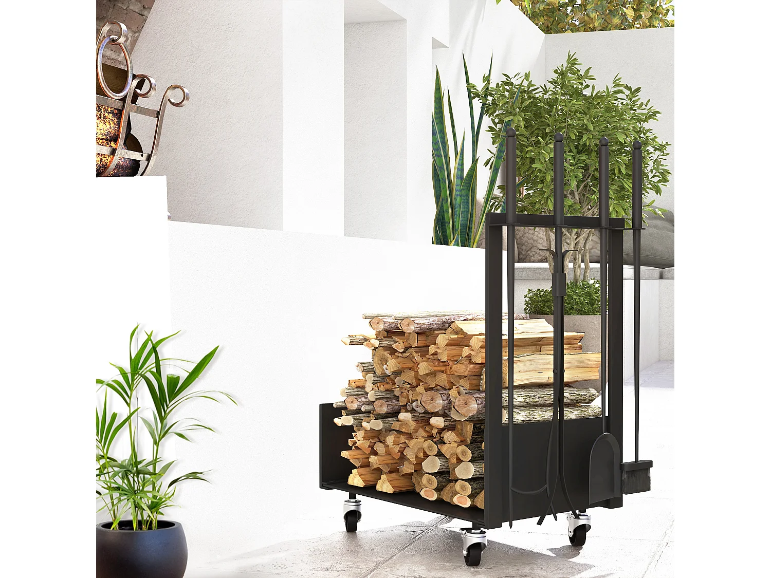 Serviteur de cheminée range-bûches chariot 3 en 1 - pelle, balai, tisonnier, pince - charge max. 60 Kg - métal noir