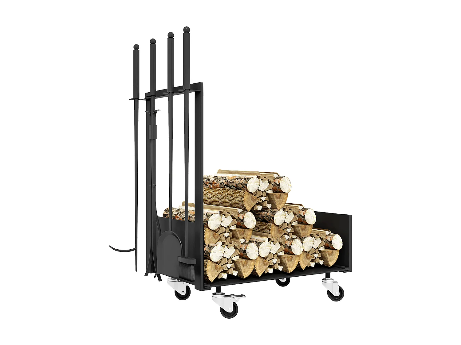 Serviteur de cheminée range-bûches chariot 3 en 1 - pelle, balai, tisonnier, pince - charge max. 60 Kg - métal noir