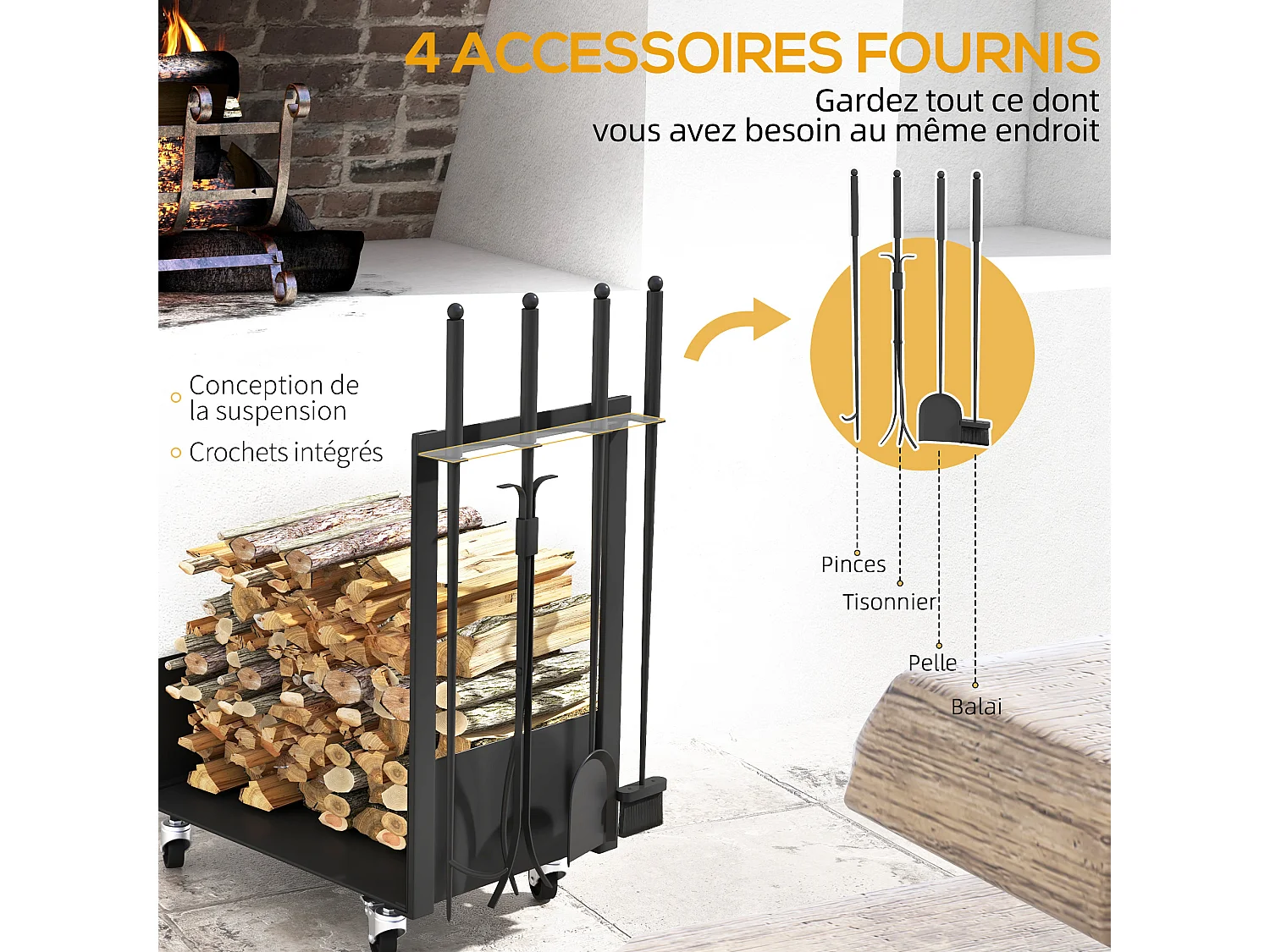 Serviteur de cheminée range-bûches chariot 3 en 1 - pelle, balai, tisonnier, pince - charge max. 60 Kg - métal noir