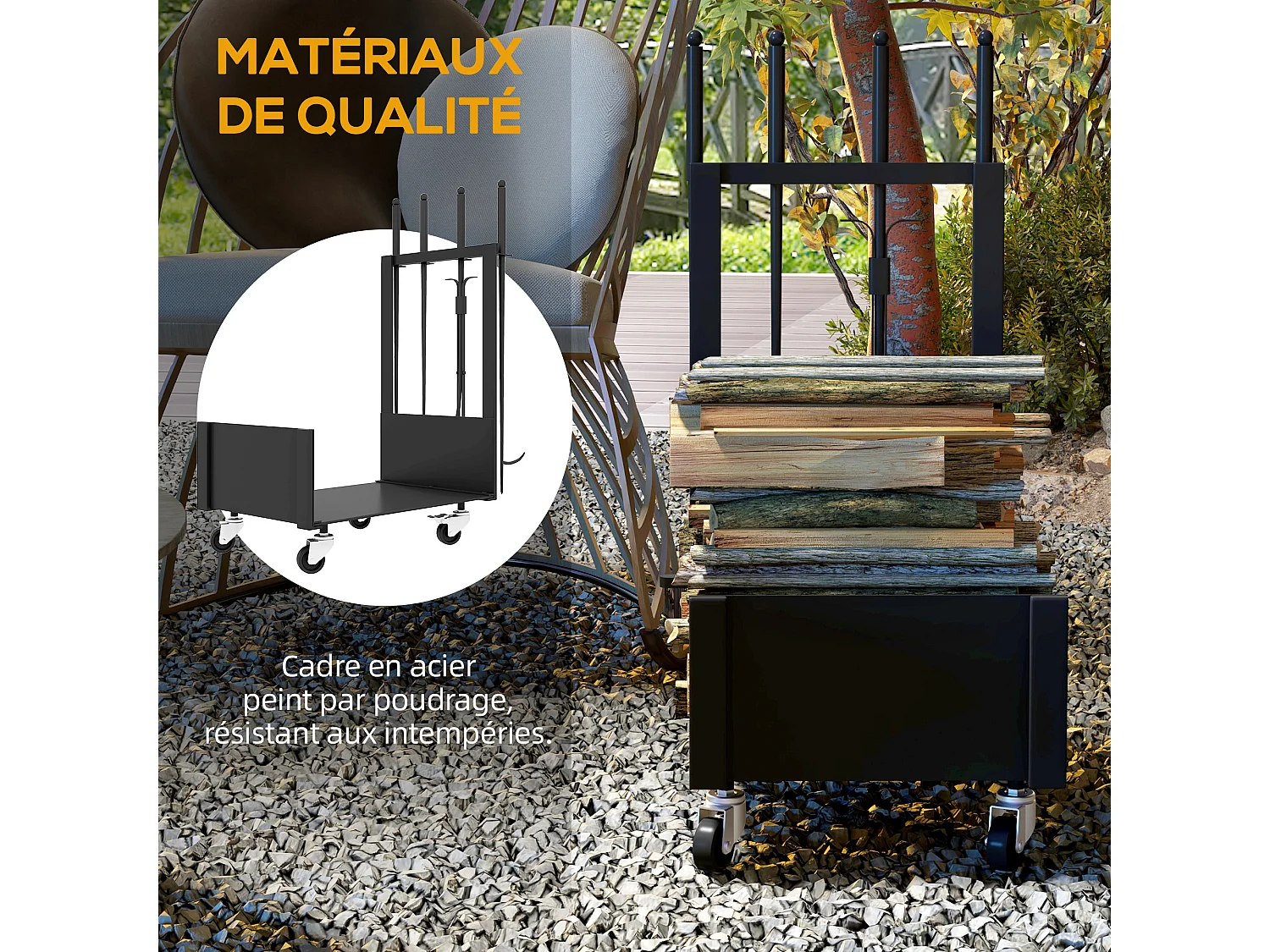 Serviteur de cheminée range-bûches chariot 3 en 1 - pelle, balai, tisonnier, pince - charge max. 60 Kg - métal noir