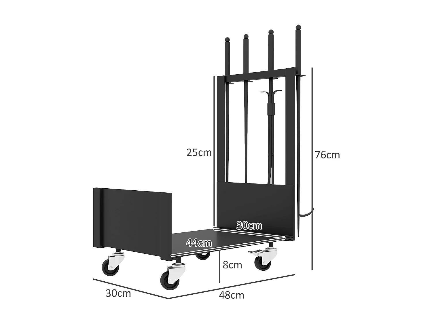 Serviteur de cheminée range-bûches chariot 3 en 1 - pelle, balai, tisonnier, pince - charge max. 60 Kg - métal noir