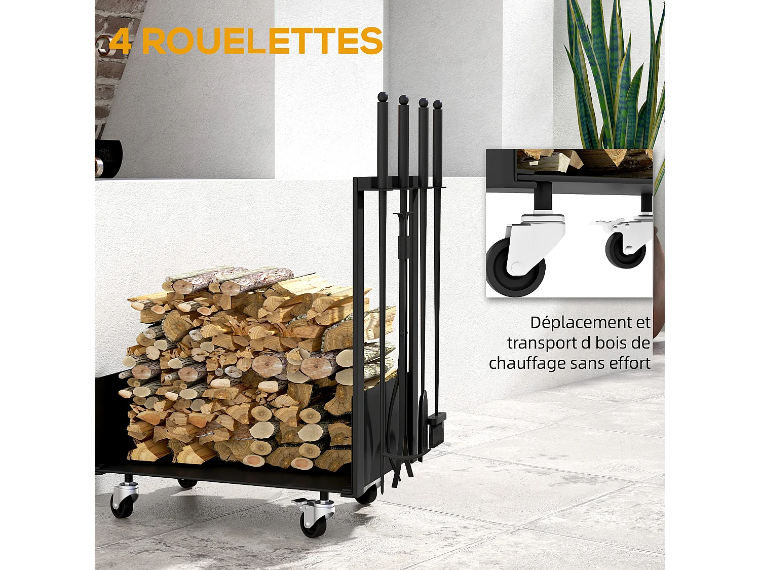 Serviteur de cheminée range-bûches chariot 3 en 1 - pelle, balai, tisonnier, pince - charge max. 60 Kg - métal noir